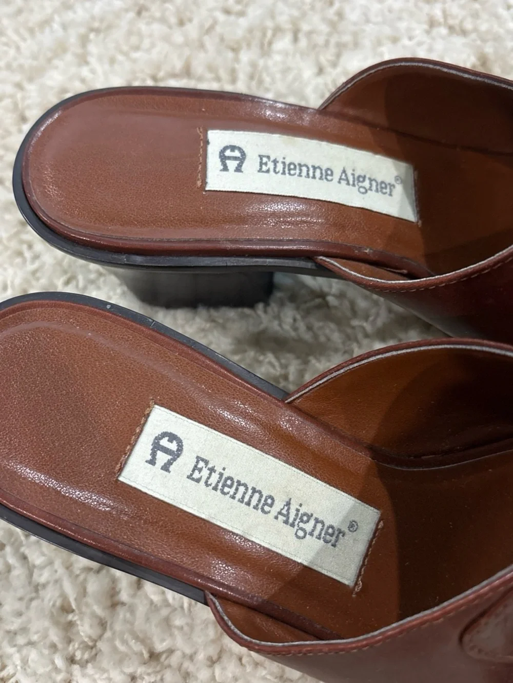 Vintage Etienne Aigner Brown Leather Mule Block Heel Square Toe Sandals Size 6M